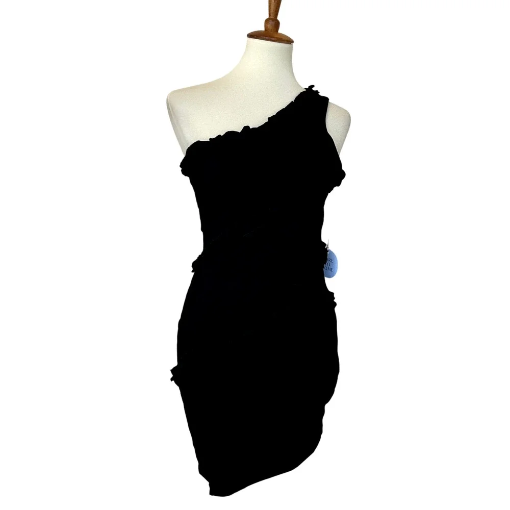 Revolve Black Mini Dress SMALL One Shoulder Bodycon Cotton More to Come $72 NEW - Picture 4 of 8